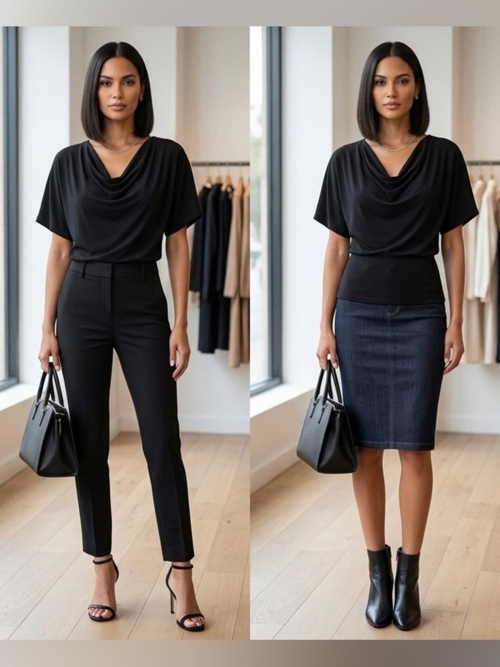 Draped Cowl Neck Short Sleeve Top - Black